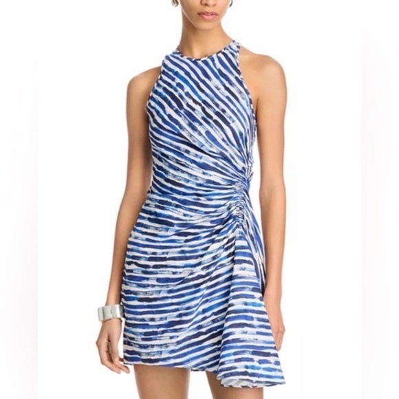 New A.L.C. Rue Stripe Ruched Silk Blend Dress in White Blue Size 14 - Picture 13 of 13